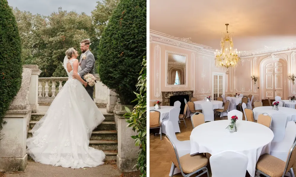 bride and groom outdoors, and a historic wedding breakfast set up