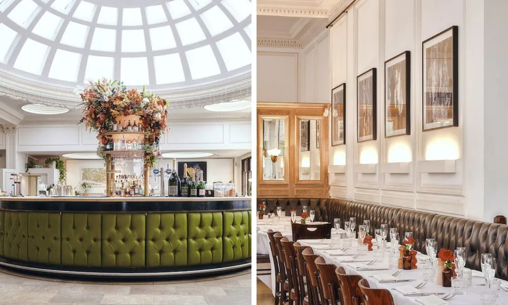 stylish bright restaurant with glass dome ceiling