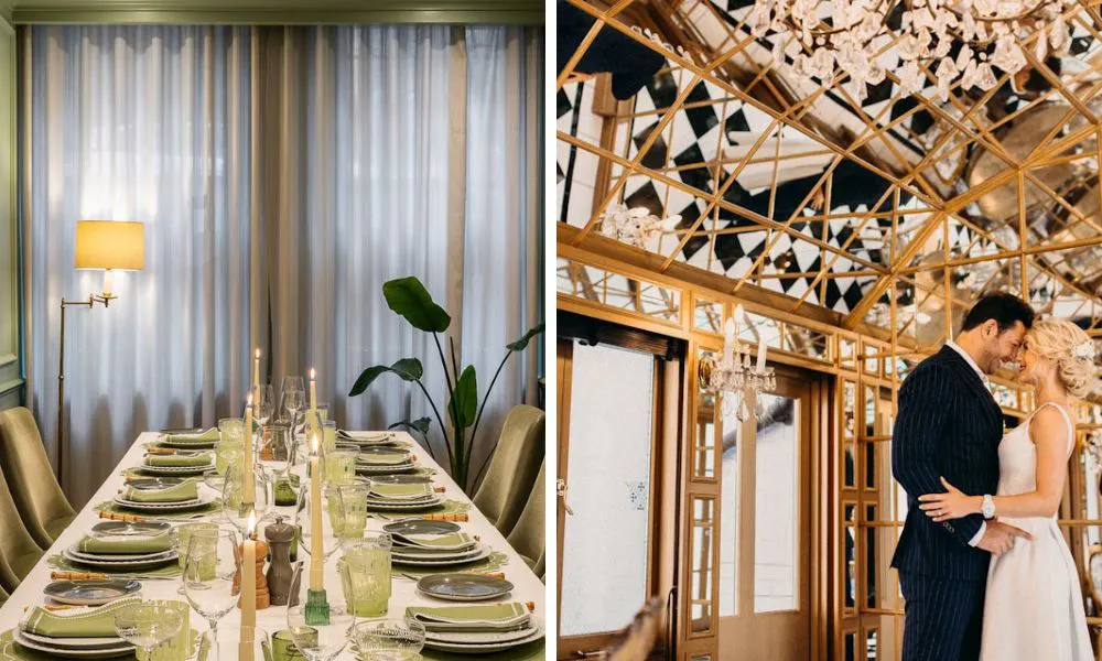 bride and groom in mirrored room with gold trim