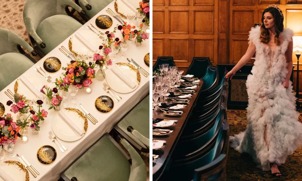 bride in fluffy dress walks around wedding table