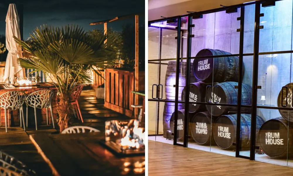rooftop at night with palm fronds and live fire