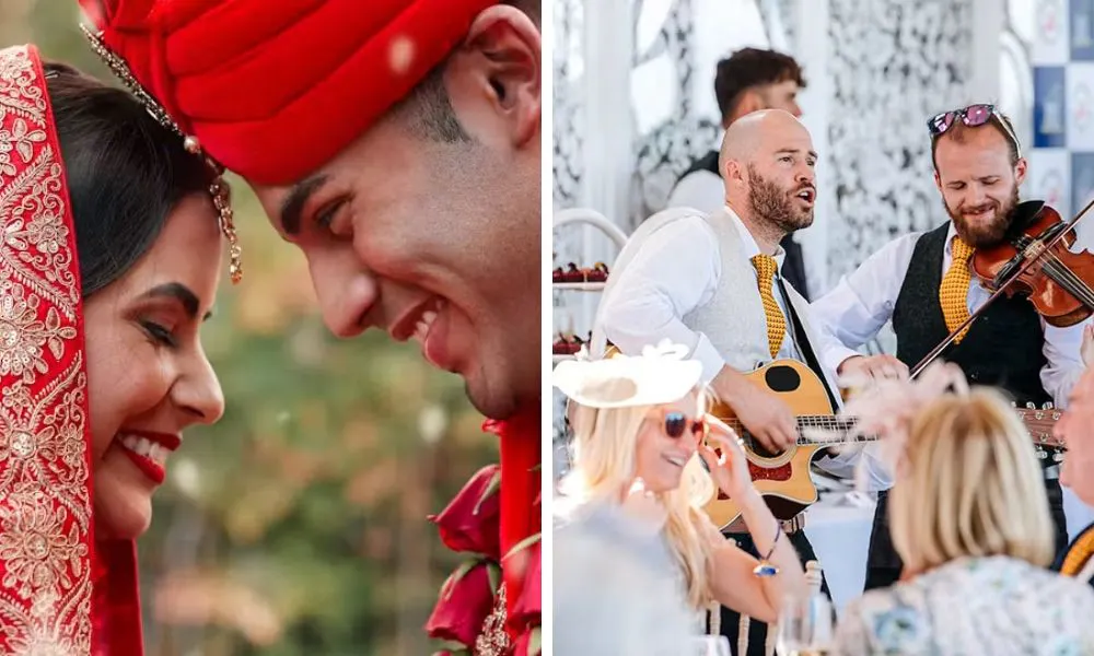 couple getting married and live band playing guitar