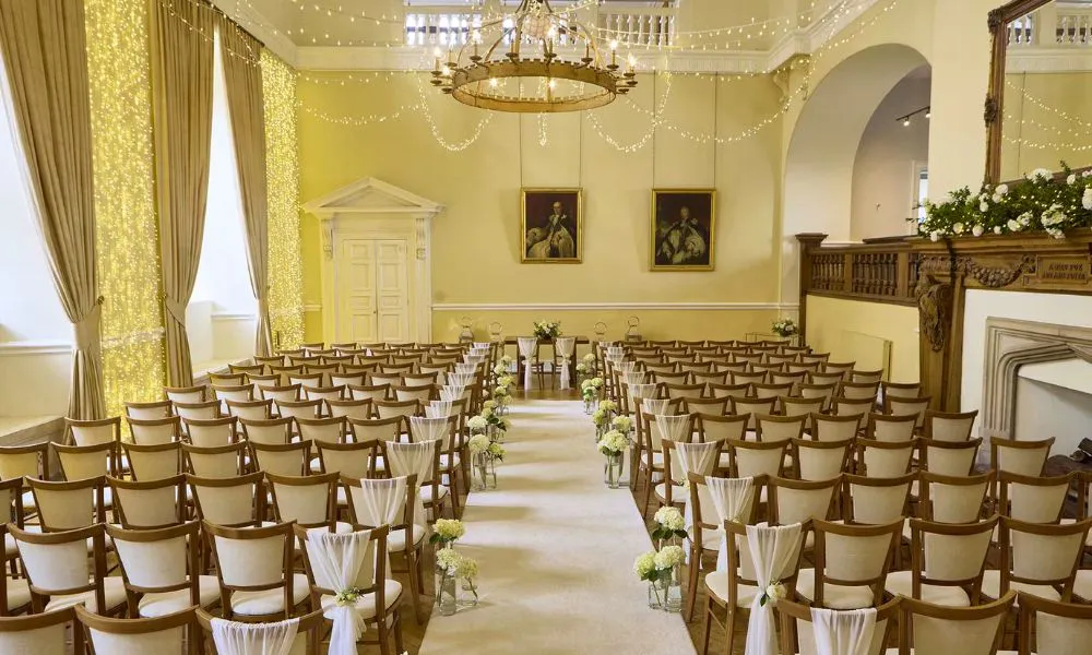 A wedding ceremony set-up at Farnham Castle