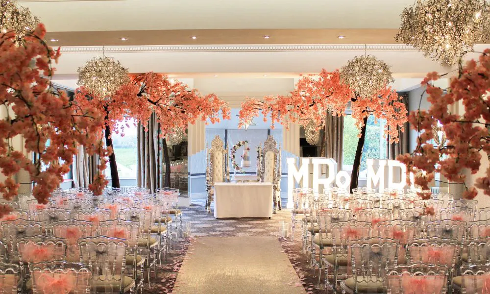 A wedding ceremony set-up at Thornton Hall Hotel