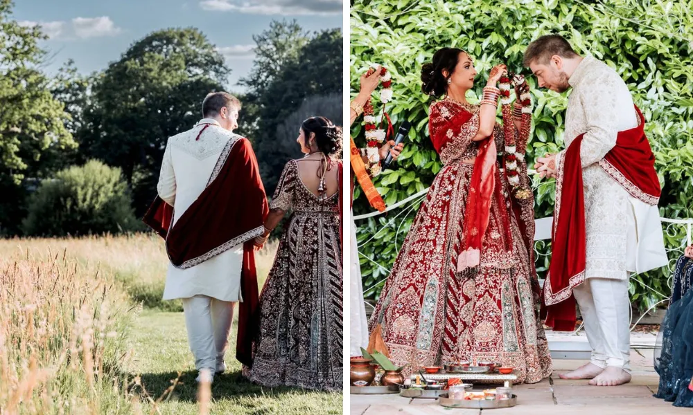 couple in red matching embrioidered wedding outfites