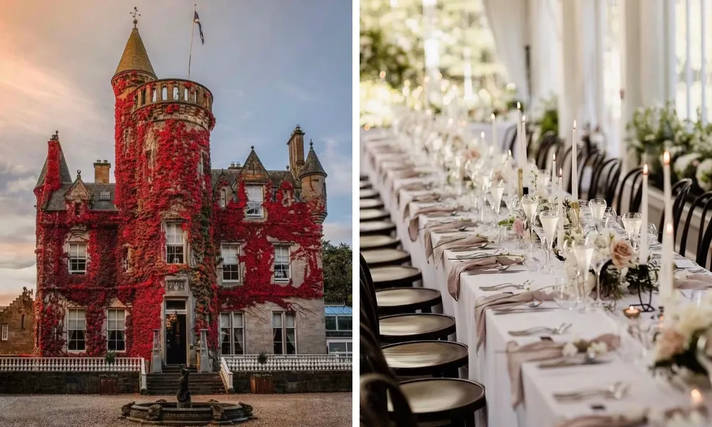 Castle covered in red climbing ivy 