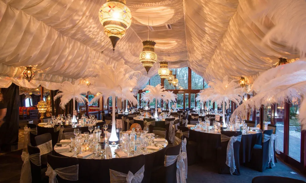 glamorous wedding breakfast with hanging lanterns
