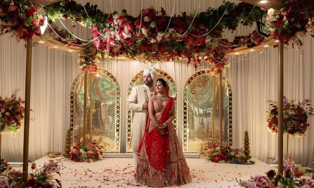 Indian couple pose for wedding photos