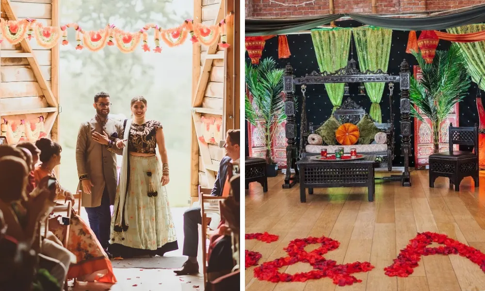 couple entering a wedding ceremony space with garlands