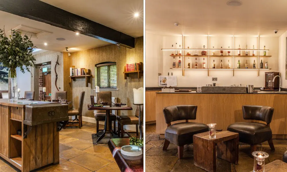 The dining room (left) and bar (right) at Restaurant Sat Bains