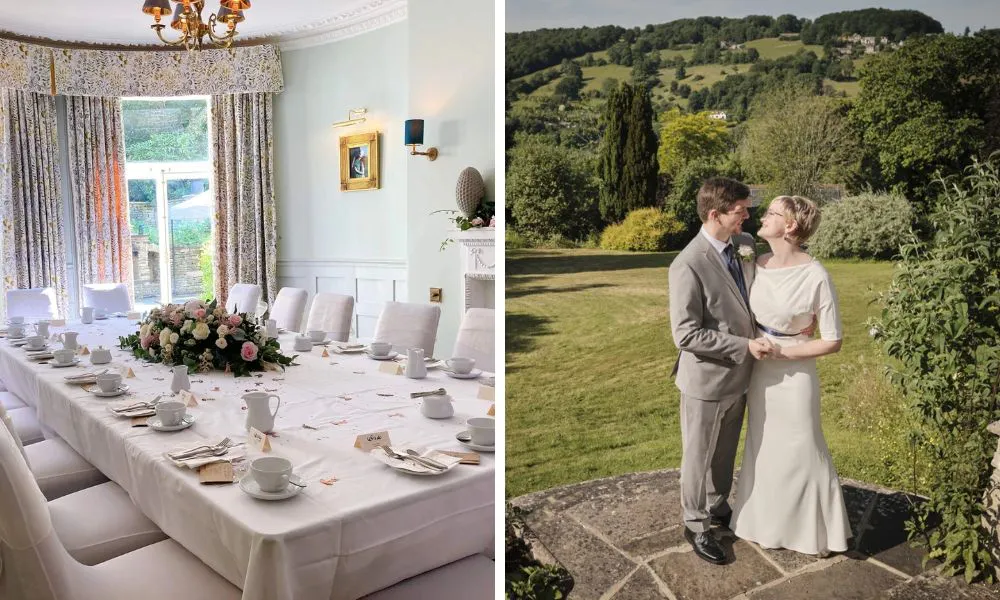 a white-clothed table set up for a wedding breakfast, and a bride and groom surrounded by greenery