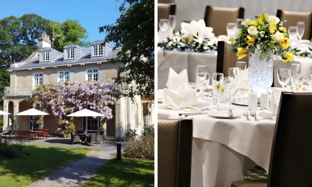 the facade of an elegant country house and a white-clothed table set up for a wedding breakfast