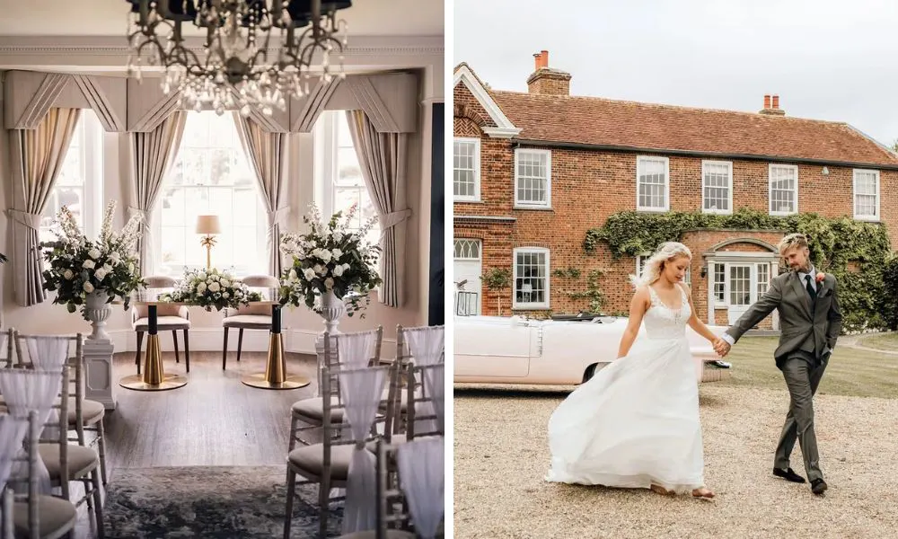 chairs set up for a wedding ceremony and a couple holding hands outside a red brick country house