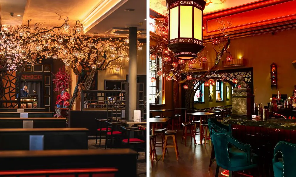 elegnat Pan-Asian style restaurant interiors with hanging lanterns and a cherry blossom tree
