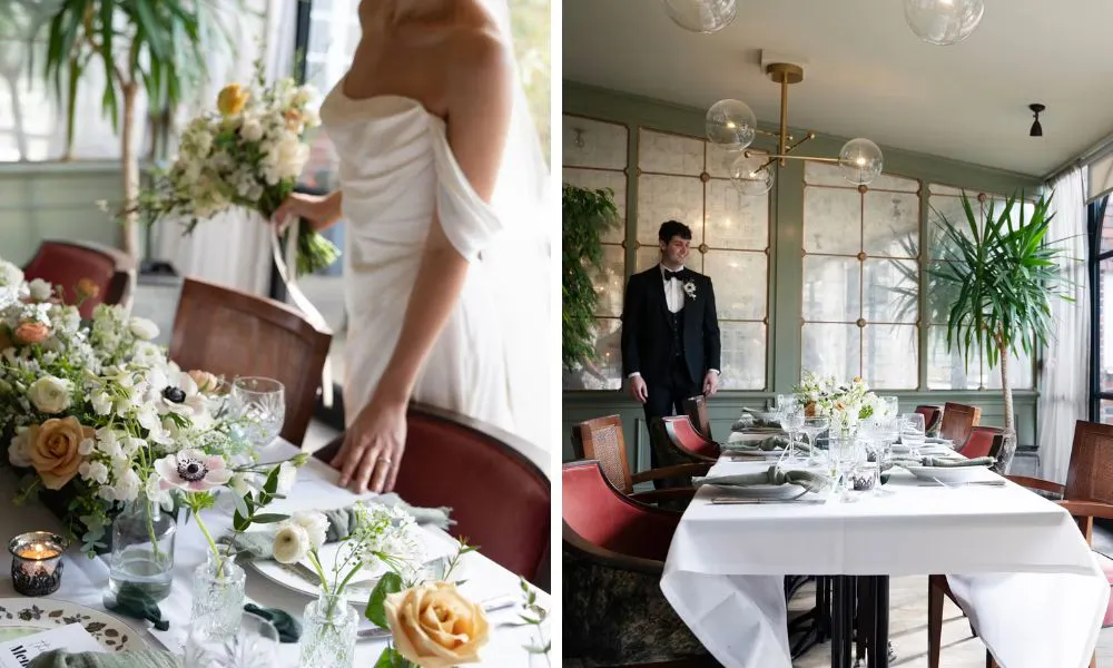 a bride and groom stood by an intimate table set up for a wedding breakfast