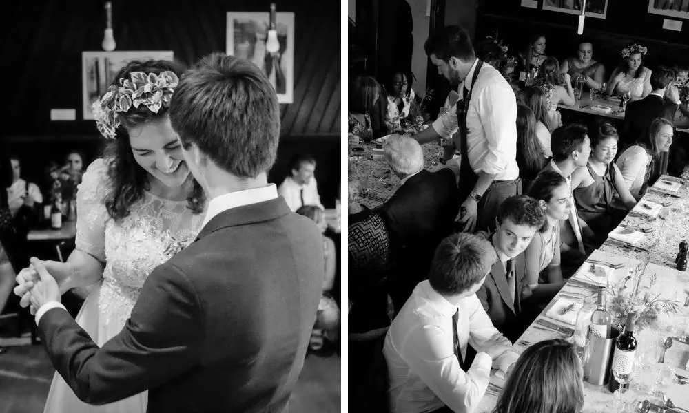 bride and groom dancing at their wedding, with banquet tables full of their guests
