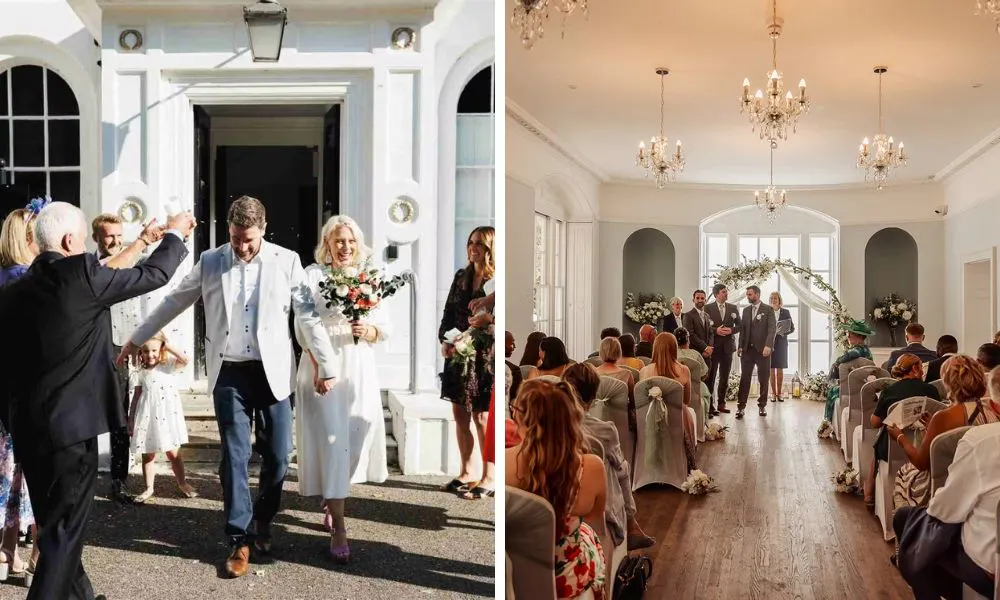 people throwing confetti on a couple who are just married, and a wedding ceremony set up 