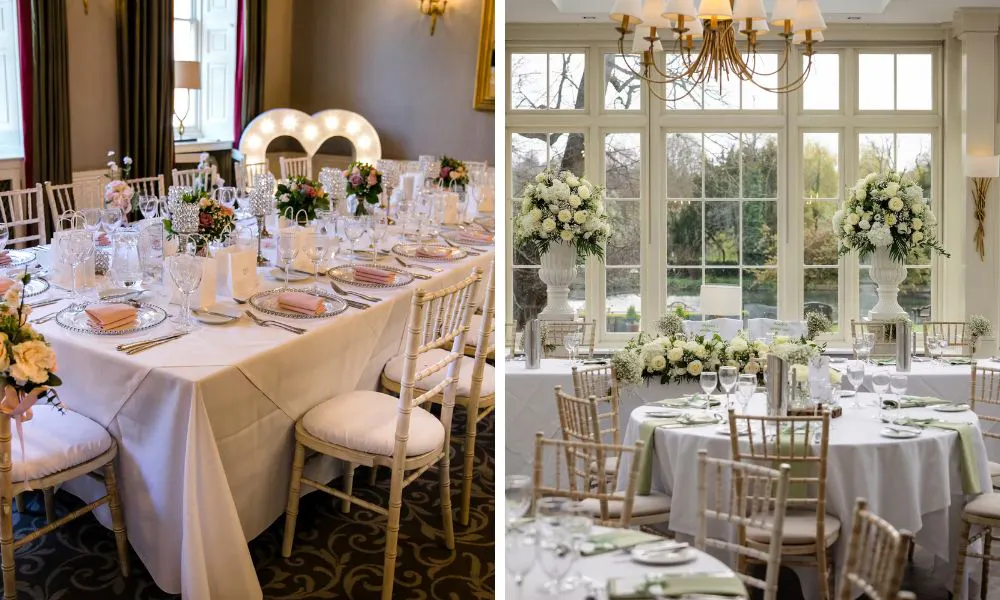 white-clothed tables set up for a wedding breakfast