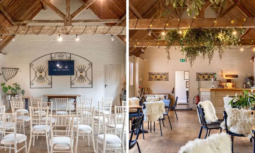 cosy barn-style interiors set up for a wedding ceremony