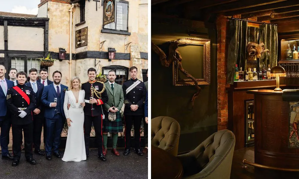 a wedding party stood outside the Hinds Head, and cosy pub interiors