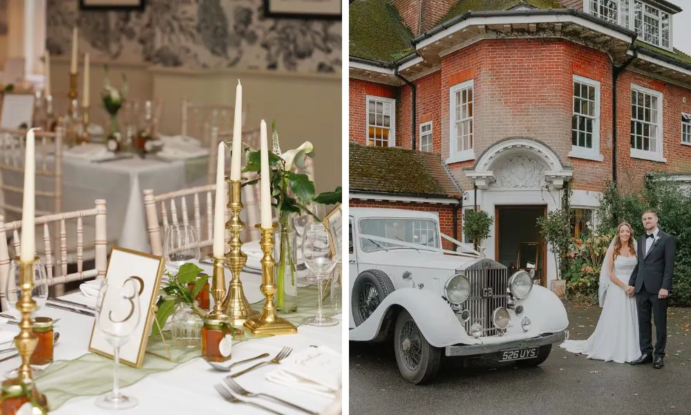 tales set up for a wedding breakfast, and a couple ourside of a redbrick manor hosue