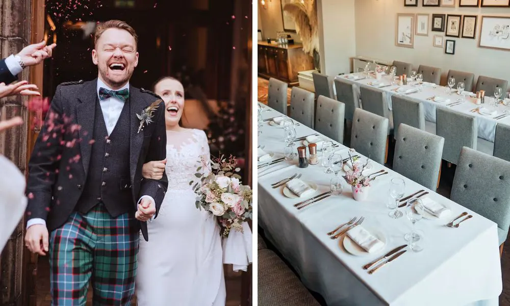 people throwing confetti on a couple who are just married, and a restaurant set up for a wedding breakfast