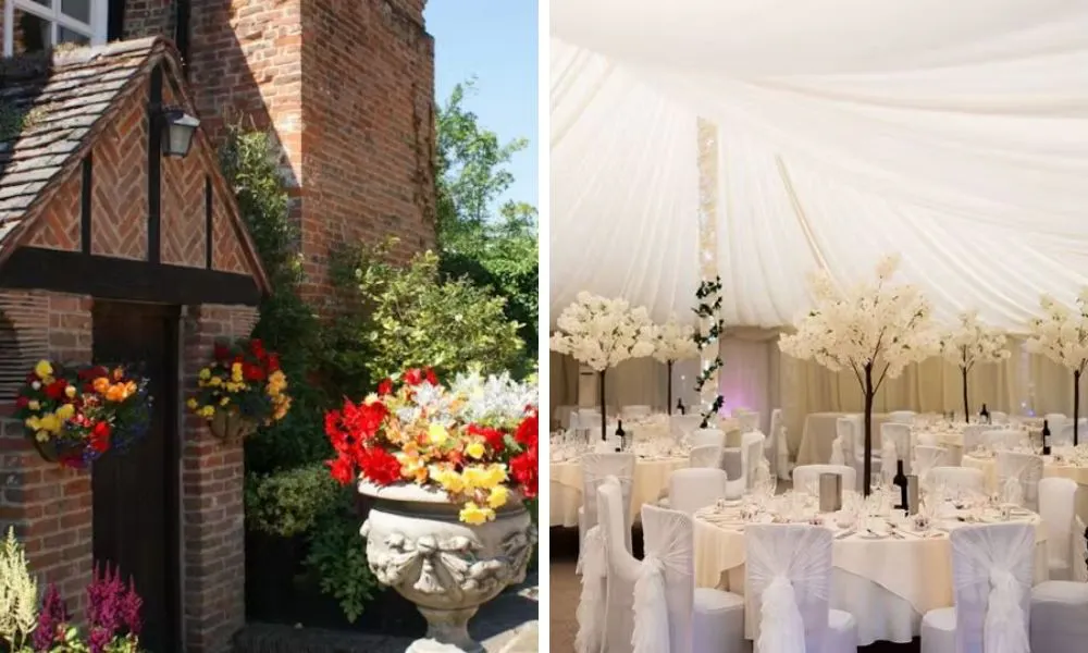 The exterior and wedding breakfast space at Newland Hall