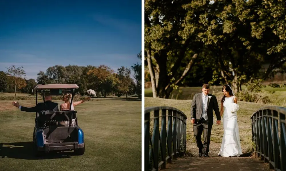 couple driving away in golf buggy and couple walking over a bridge