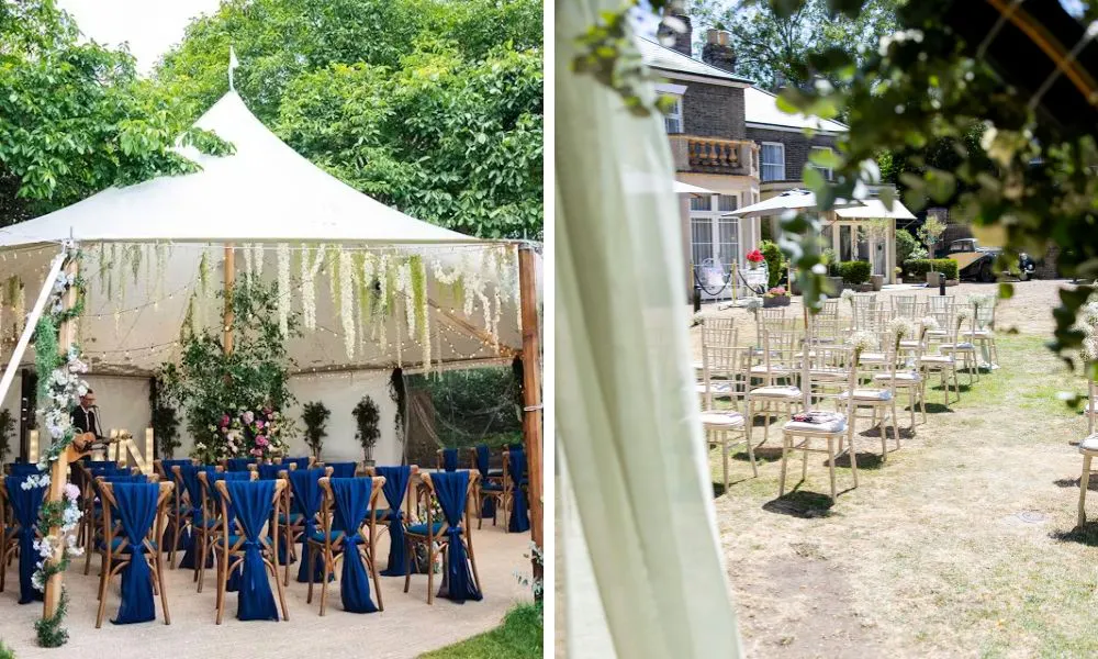 outdoor wedding ceremony set up under a tipi and on the lawns