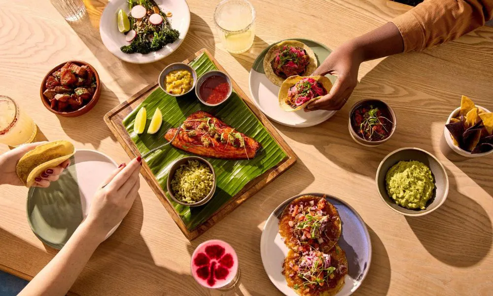 aerial shot of people eating Mexican food