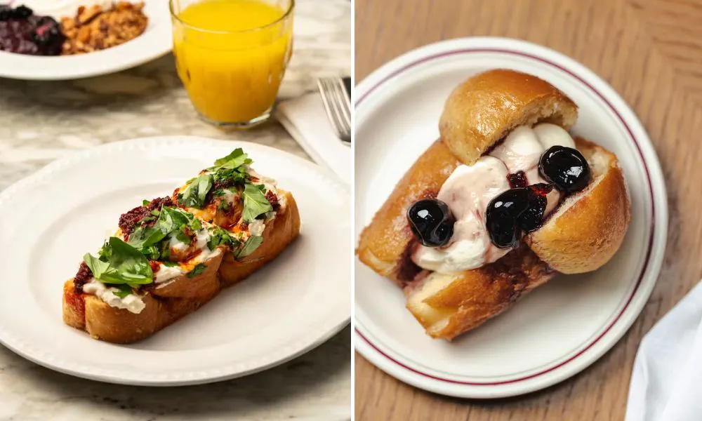 Eggs on focaccia and a blueberry muffin