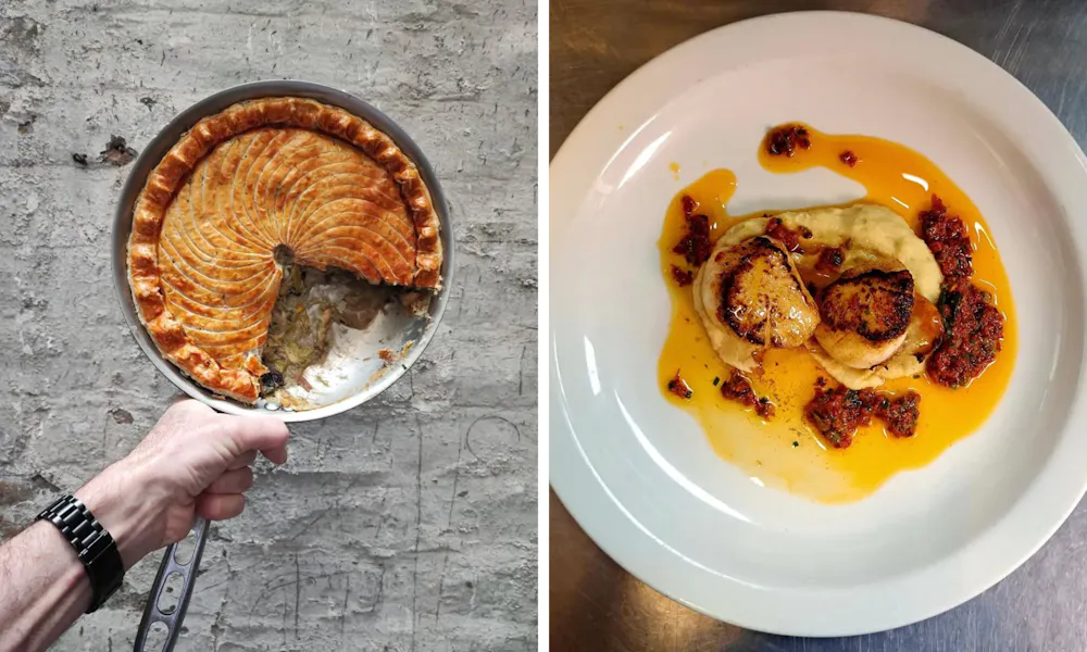 hand holding pan with pie and plate with scallops