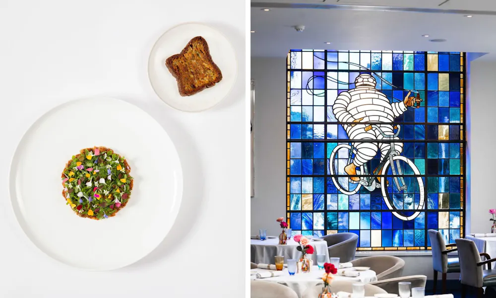 stained glass window with image of michelin man