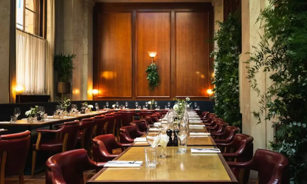 One of the long tables in the private rooms available for weddings at Hawksmoor Edinburgh