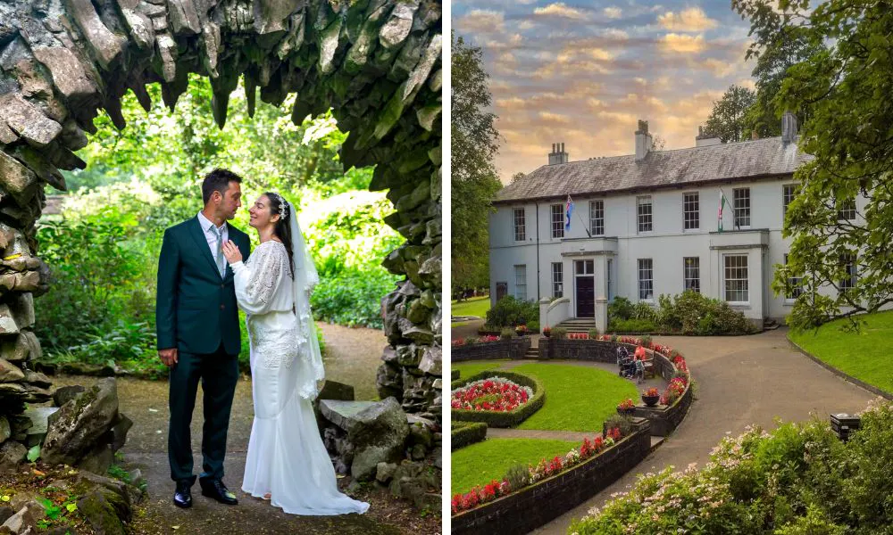 a bridge and groom stood under a stone archway, and the exterior of Bedwellty House