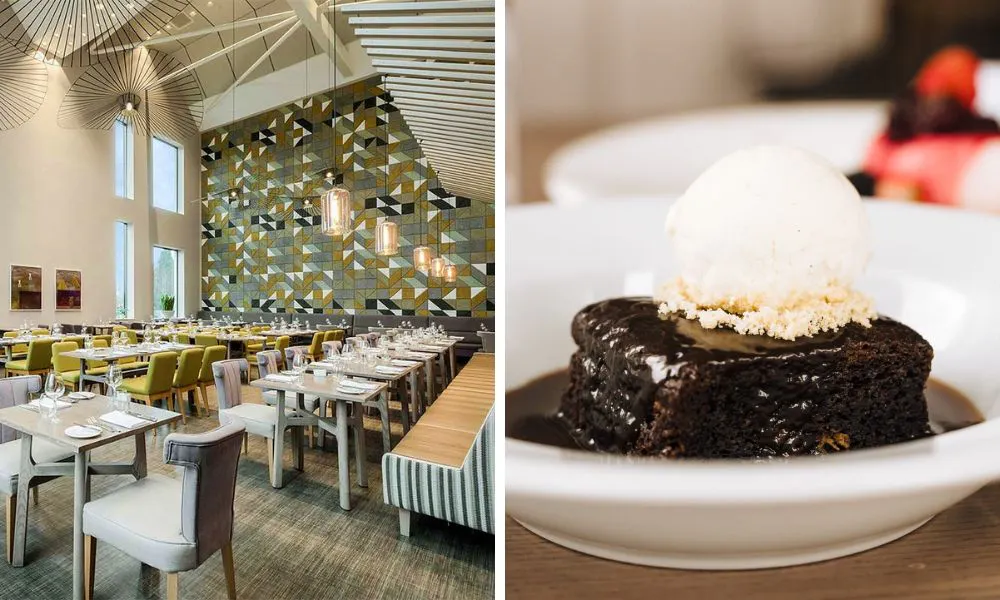 restaurant interiors (left), sticky toffee pudding with ice cream (right)