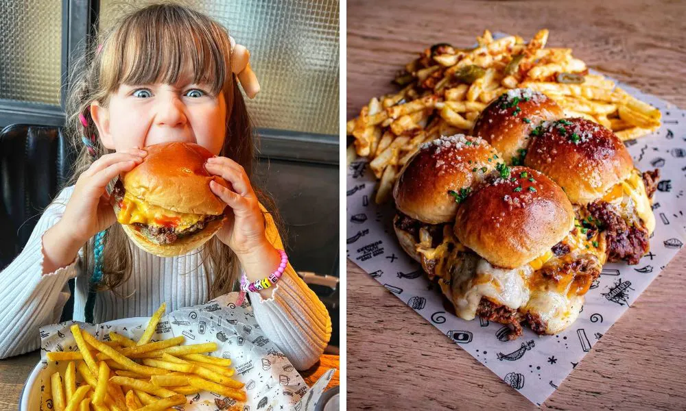 kid eating a burger at Fat Hippo