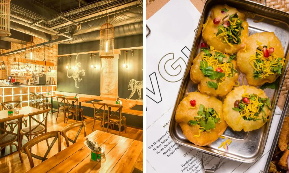 cosy restaurant interiors (left), a selection of snacks from Mowgli (left0
