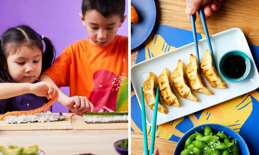 kids making sushi (left), a plate of gyoza (right)