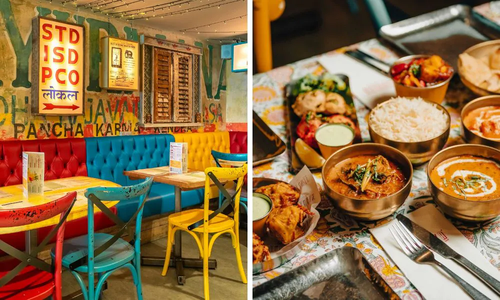 vibrant restaurant interiors (left), a selection of curries (right)