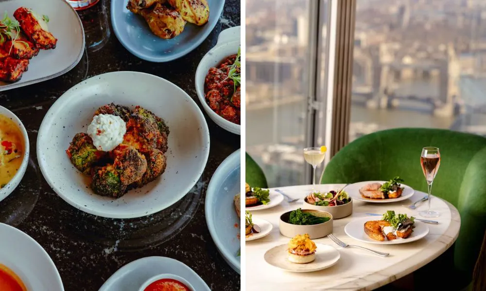 cauliflower dish and rooftop restaurant with glass of fizz