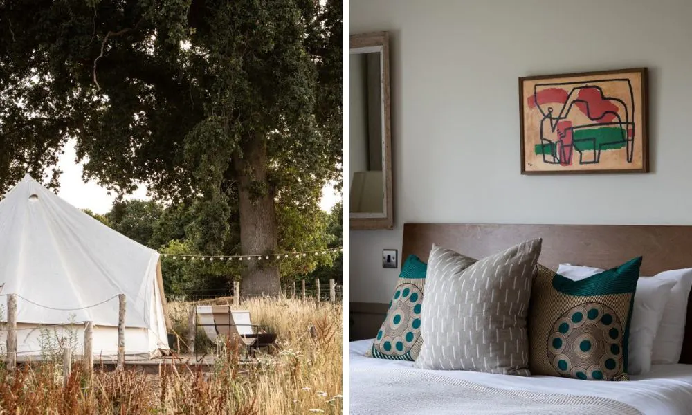 A hotel room and the countryside surrounds at Tillingham winery in Kent 
