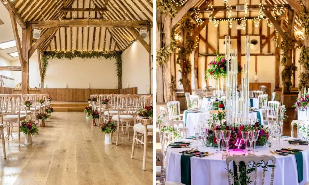 An autumnal aisle arrangement and table centrepiece