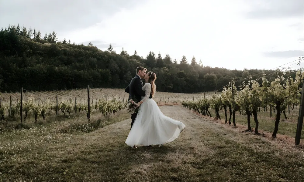 A bride and groom in a countryside wedding
