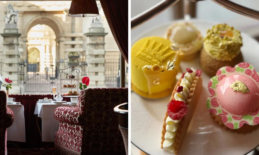 View of Buckingham palace with afternoon tea cakes