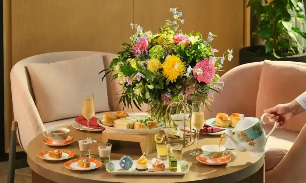 afternoon tea with springtime flowers