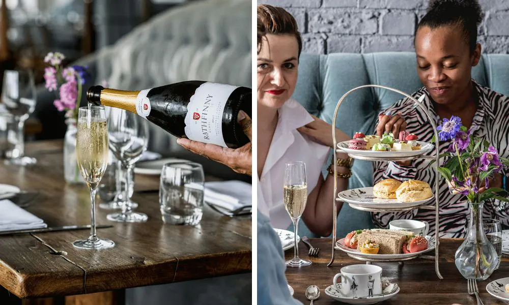 champagne being poured and women enjoying afternoon tea