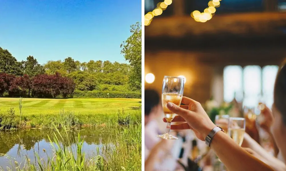 golf course with lake and guests raising a toast