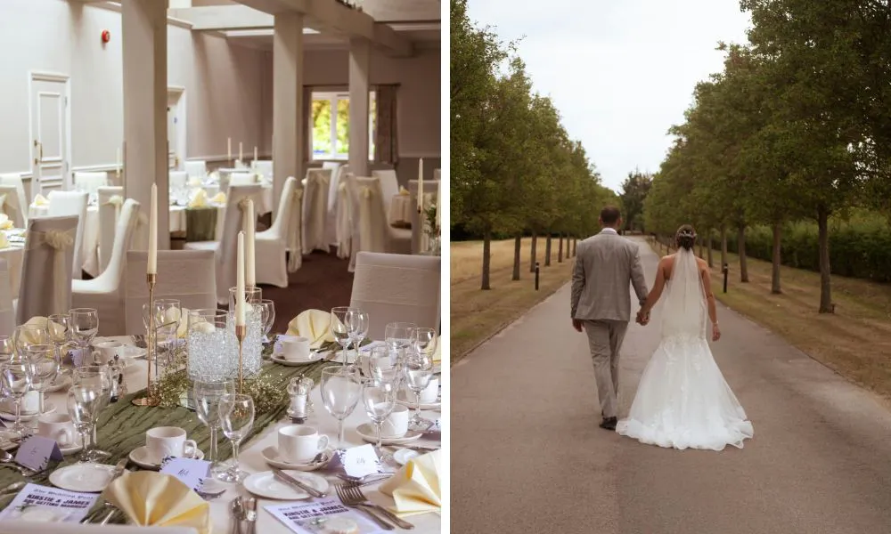 a bride and groom and a clubhouse set up for a wedding breakfast