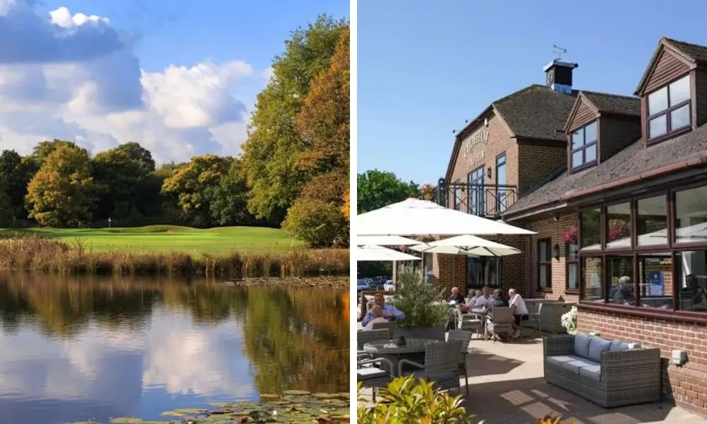golf course with lake and golf club with outdoor terrace